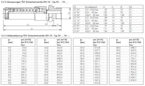 Technische Daten TÜV Sicherheitsventil DN10 aus Messing